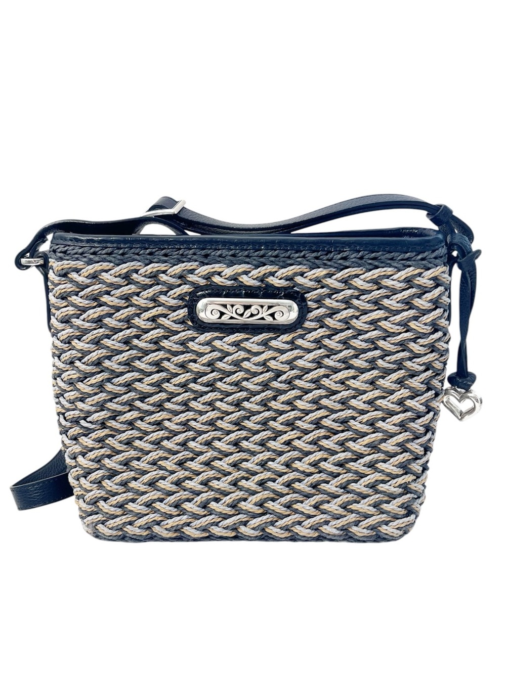 Vintage Brighton Woven Jute Crossbody Bag – Natural Straw with Blue Leather Trim